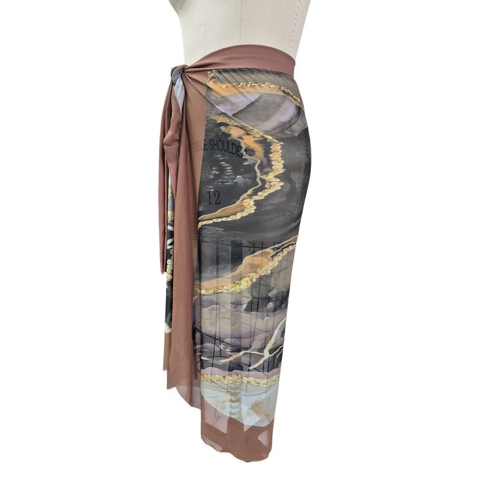 NWOT 1PC Bathing Suit+ Long Sarong Cover Up Set Brown/Gold Marble Sz XL - Picture 5 of 10